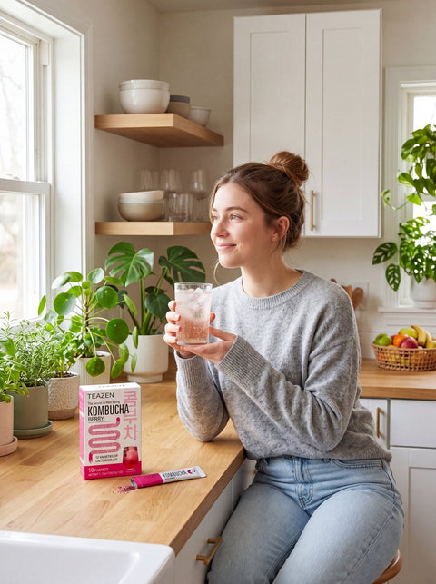 Verre de kombucha pétillant glacé sur une table en bois près d'une fenêtre